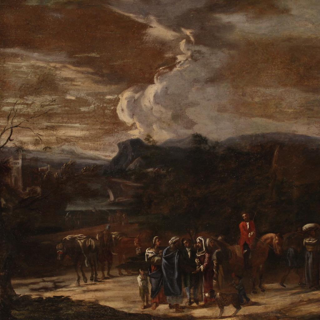 18th Century Oil on Canvas Italian Antique Genre Scene Painting, 1740 For Sale 3