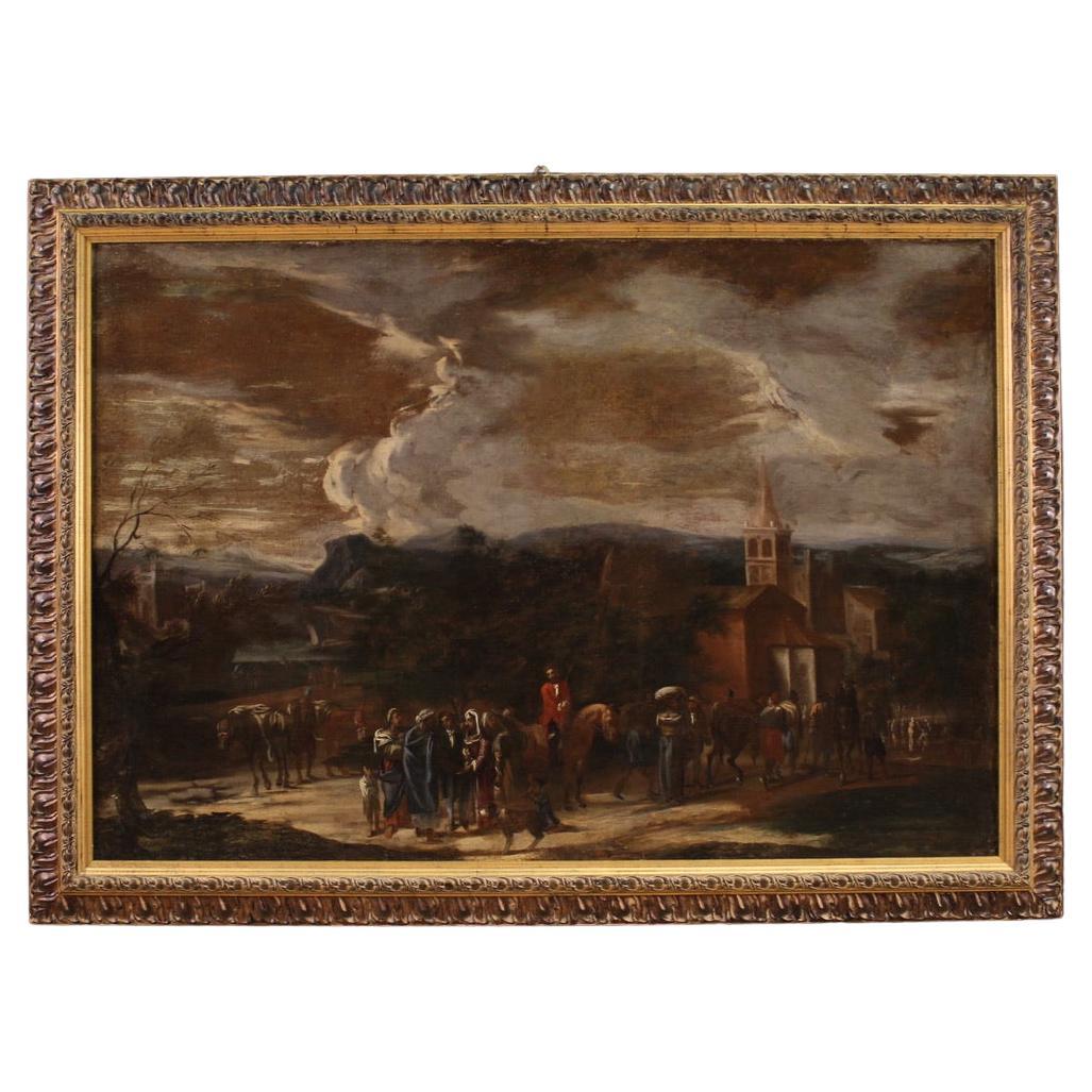 18th Century Oil on Canvas Italian Antique Genre Scene Painting, 1740