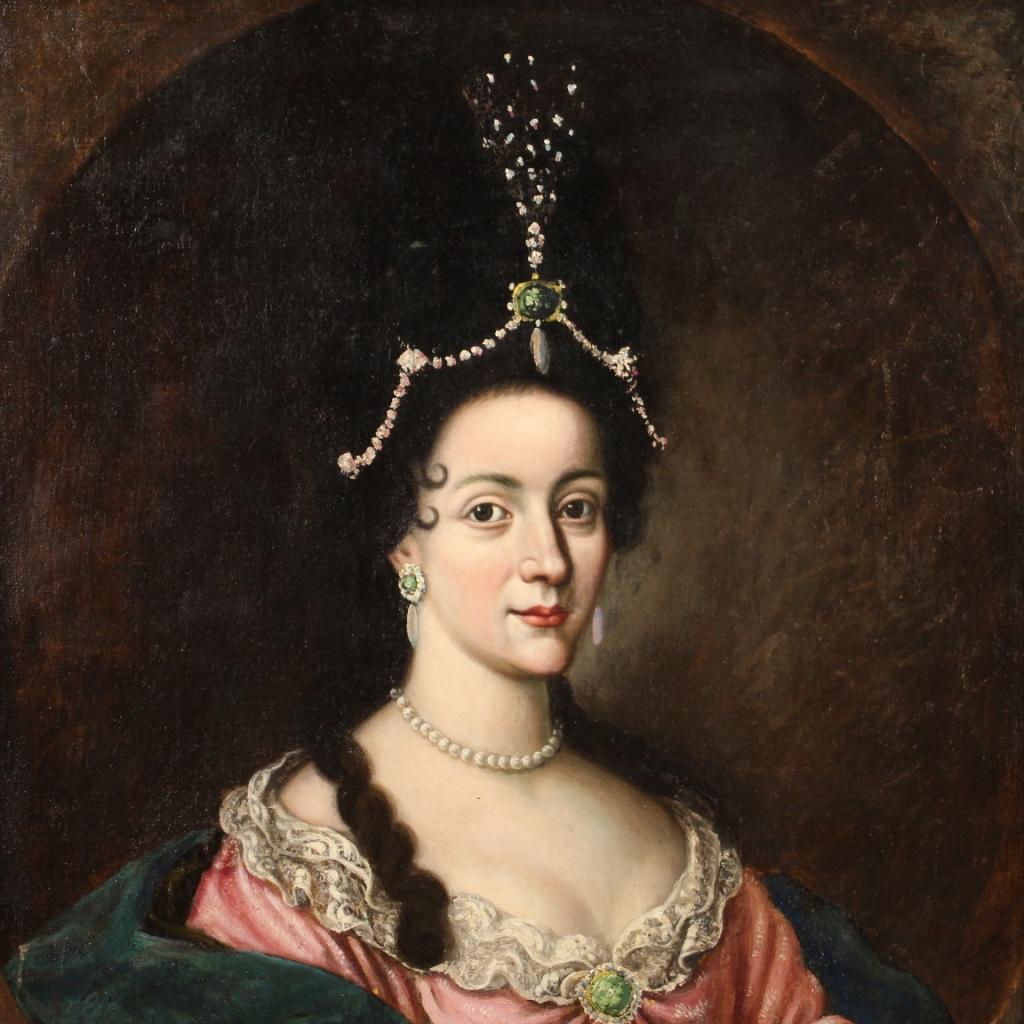 18th Century Oil on Canvas Italian Antique Lady Portrait Painting, 1740 1