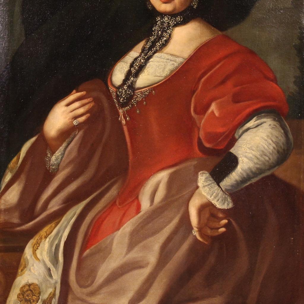 18th Century Oil on Canvas Italian Antique Lady Portrait Painting, 1750 Bon état - En vente à Vicoforte, Piedmont