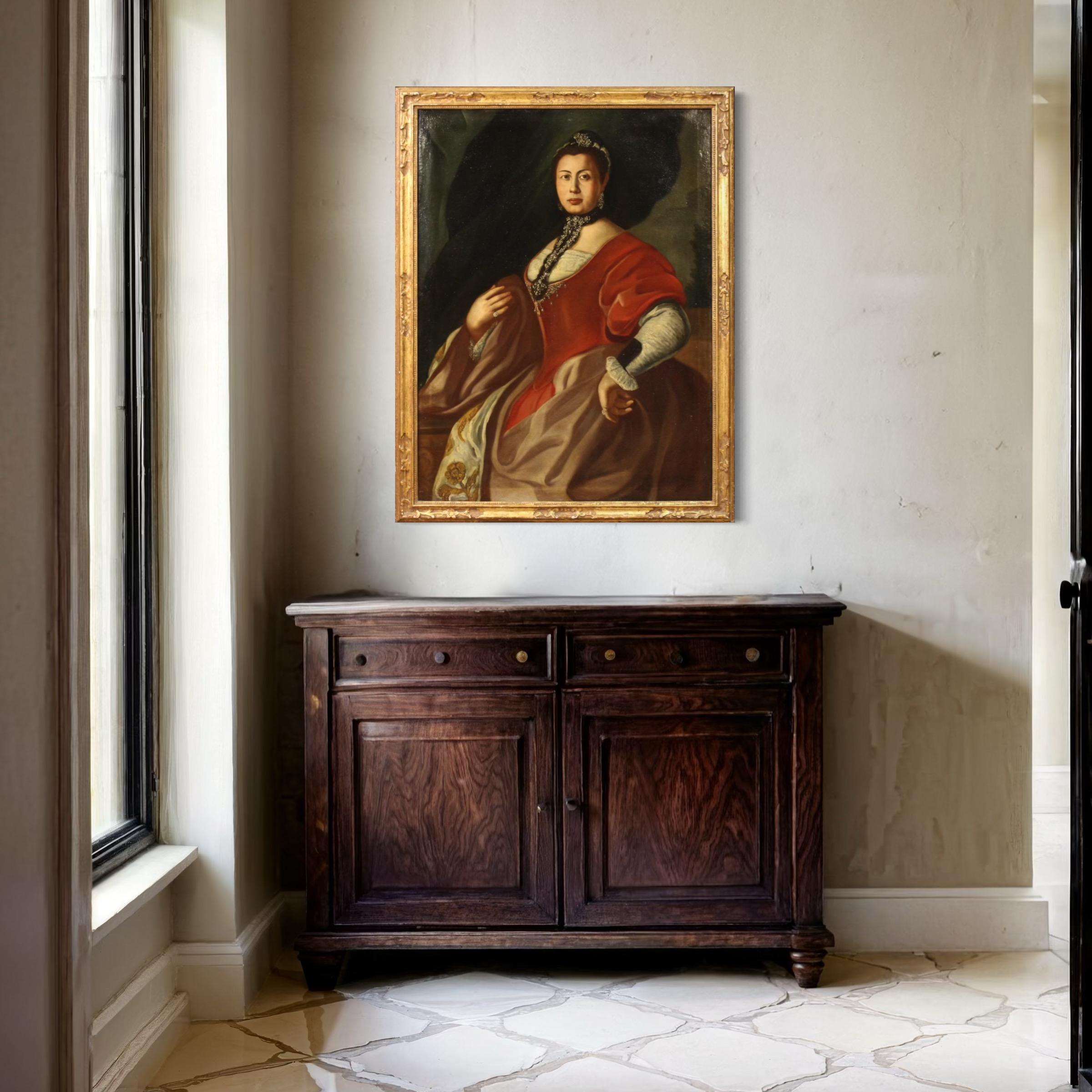 Toile 18th Century Oil on Canvas Italian Antique Lady Portrait Painting, 1750 en vente