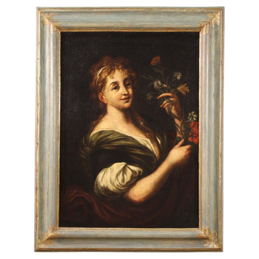 18th Century Oil on Canvas Italian Antique Lady Portrait Painting, 1750 For Sale