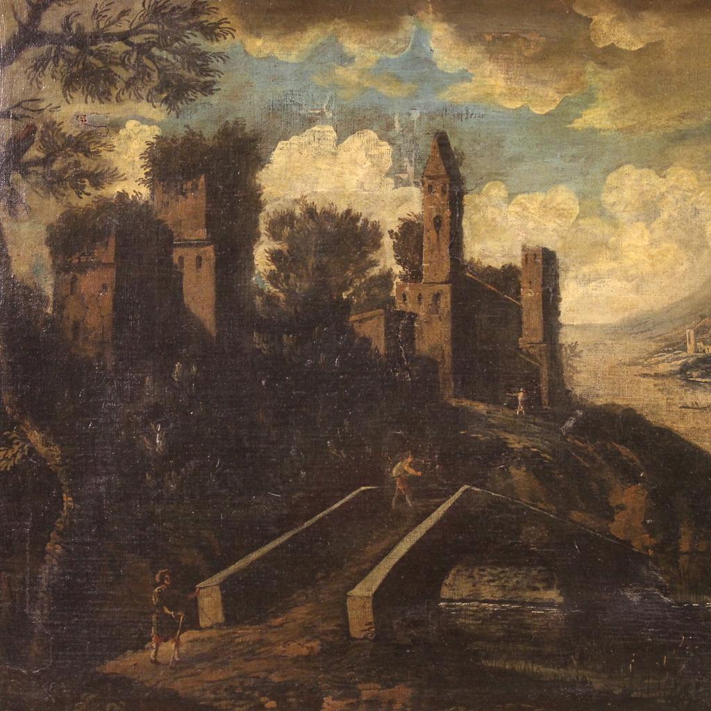 A olio 18th Century Oil on Canvas Italian Antique Landscape Painting, 1750 in vendita
