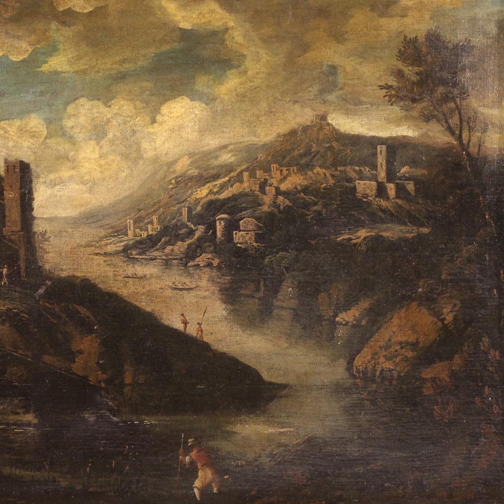 18th Century Oil on Canvas Italian Antique Landscape Painting, 1750 In condizioni buone in vendita a Vicoforte, Piedmont
