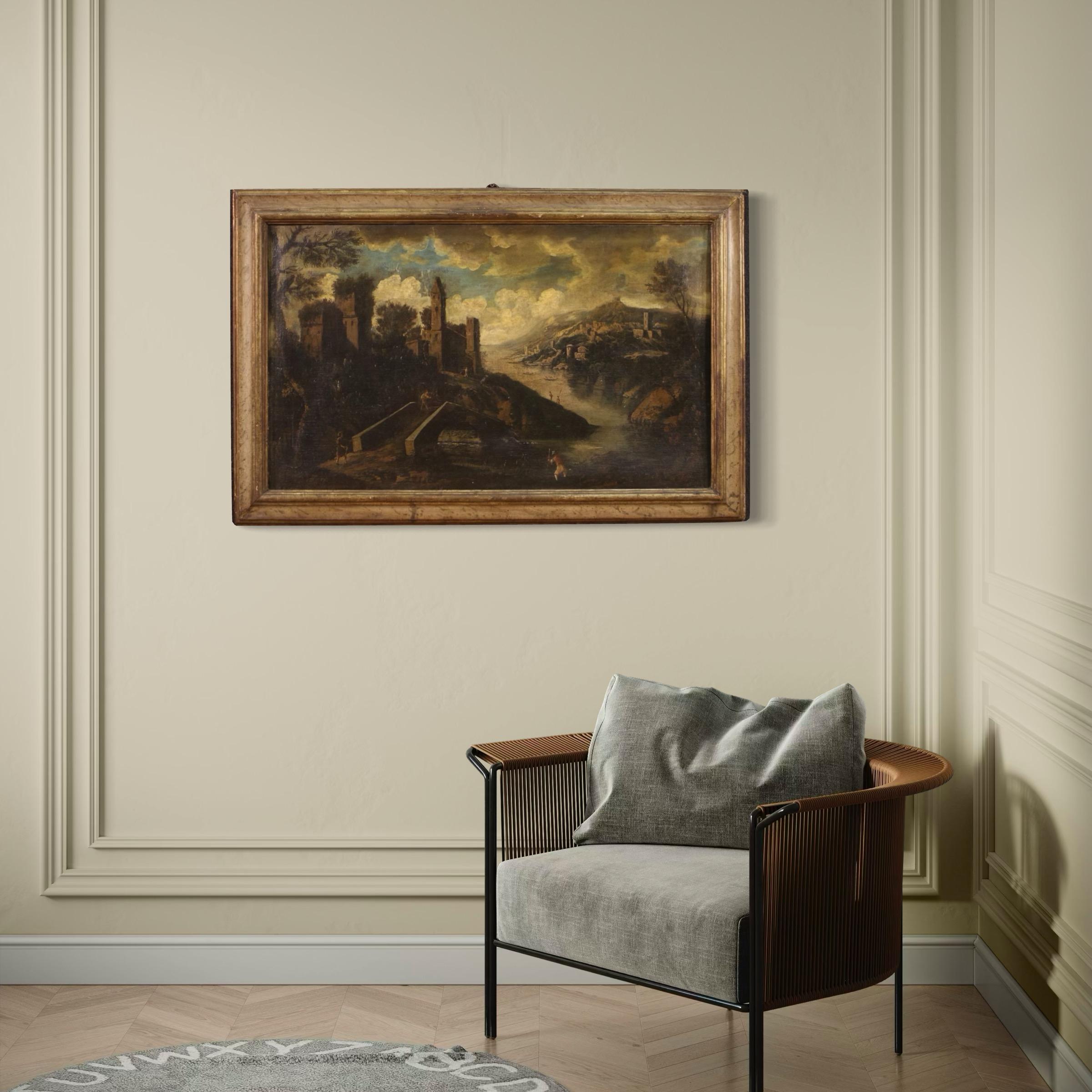 Tela 18th Century Oil on Canvas Italian Antique Landscape Painting, 1750 in vendita