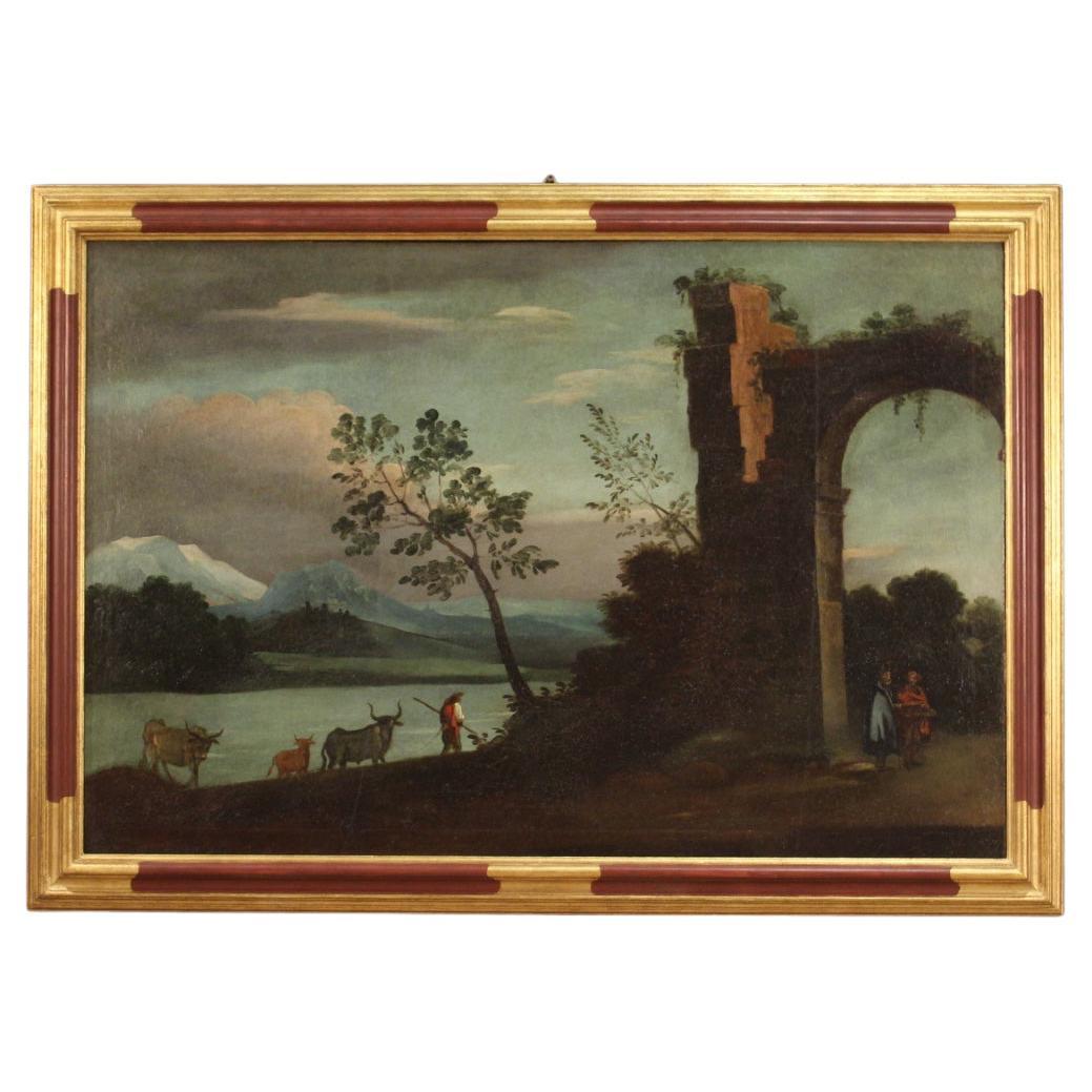 18th Century Oil on Canvas Italian Antique Landscape Painting, 1750