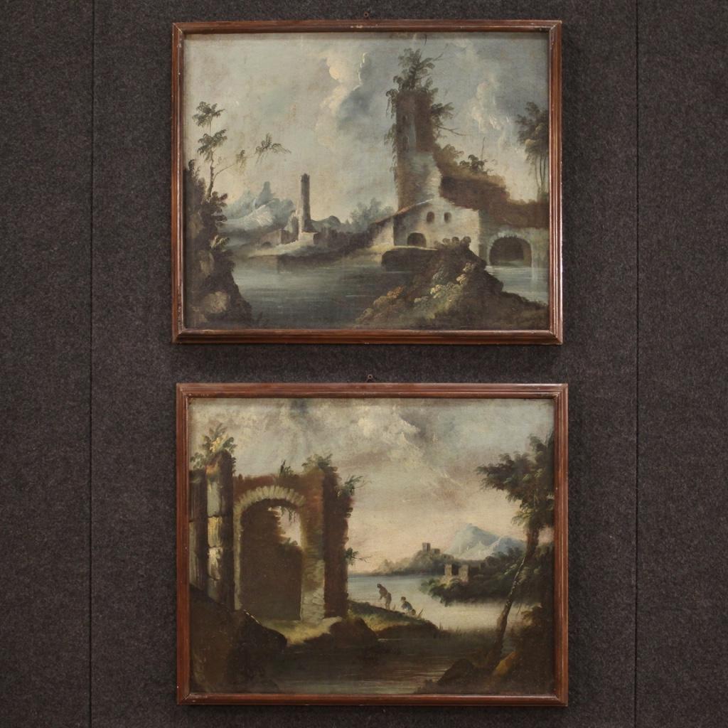 Peinture italienne ancienne du 18ème siècle. Cadre huile sur toile représentant un paysage avec des ruines, des architectures et des personnages de bonne qualité picturale. Petit cadre, il peut facilement être placé dans différentes parties de la