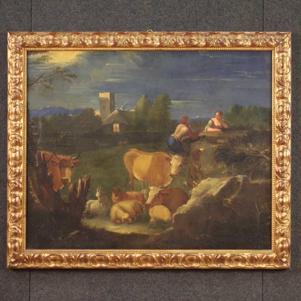 Antique Italian painting from the late 18th century. Artwork oil on canvas depicting a bucolic landscape, View with shepherds and animals of good pictorial quality. Painting in a romantic style, of good brightness, with architecture in the
