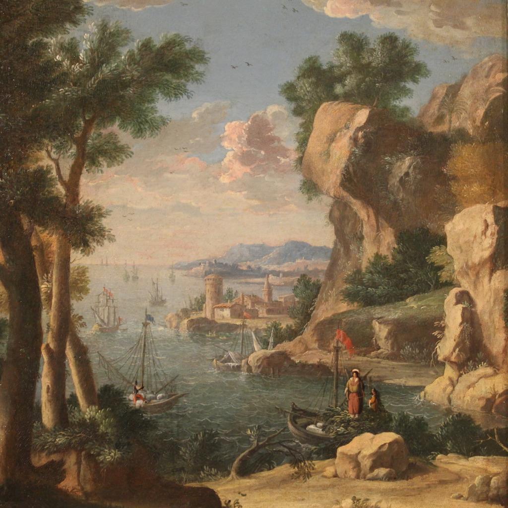 Antique Italian painting from the 18th century. Oil on canvas artwork depicting a seascape with ships and characters of good pictorial quality. Painting of nice size and pleasant depth adorned with a non-coeval wooden frame, sculpted and silvered,