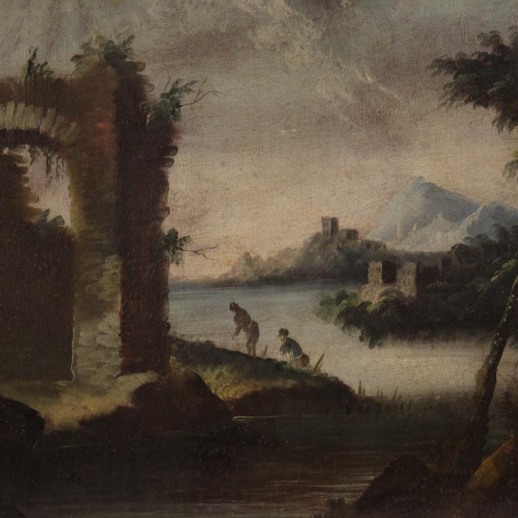 Oiled 18th Century Oil on Canvas Italian Antique Landscape Painting, 1770 For Sale