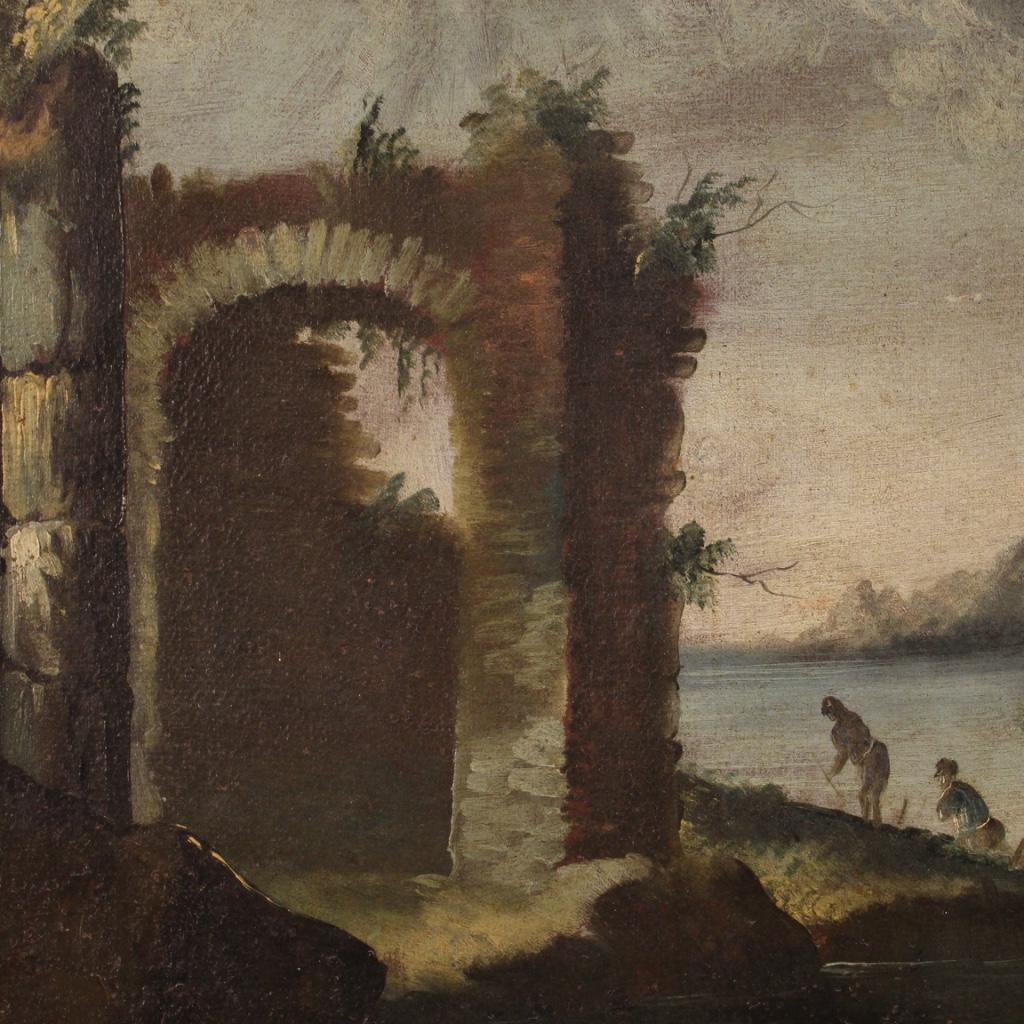 18th Century Oil on Canvas Italian Antique Landscape Painting, 1770 In Good Condition For Sale In Vicoforte, Piedmont