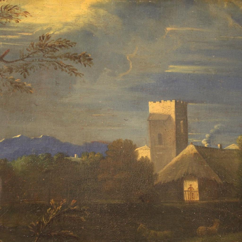 18th Century Oil on Canvas Italian Antique Bucolic Landscape Painting, 1770 For Sale 4