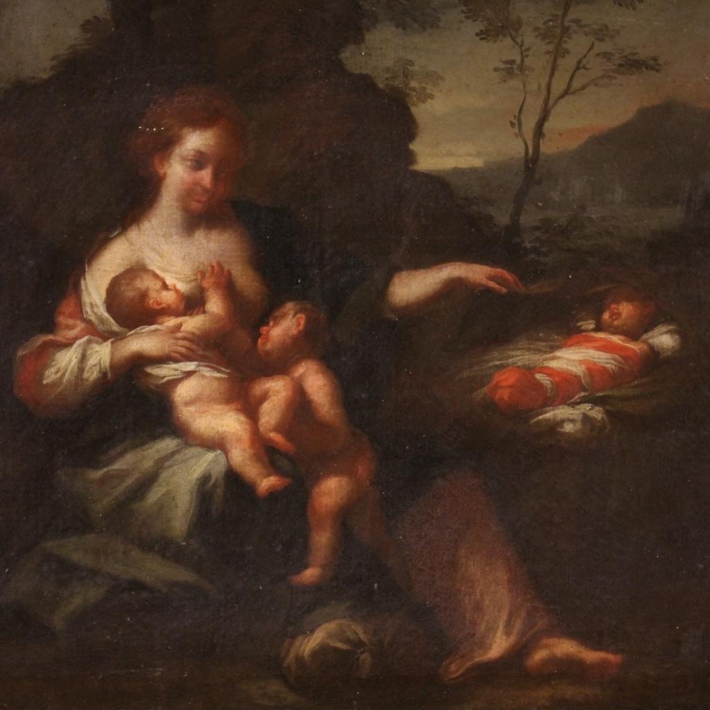 Antique Italian painting from the 18th century. Artwork oil on canvas depicting the allegory of motherhood, landscape with female figure and children of excellent pictorial quality. Not contemporary carved and gilded wooden frame (restored in the