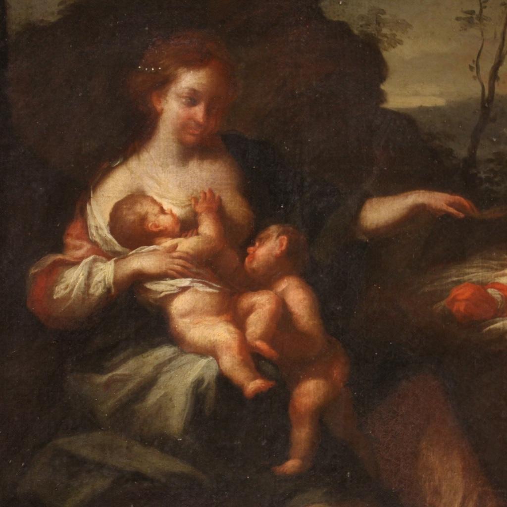 Oiled 18th Century Oil on Canvas Italian Antique Landscape Painting Maternity Allegory For Sale