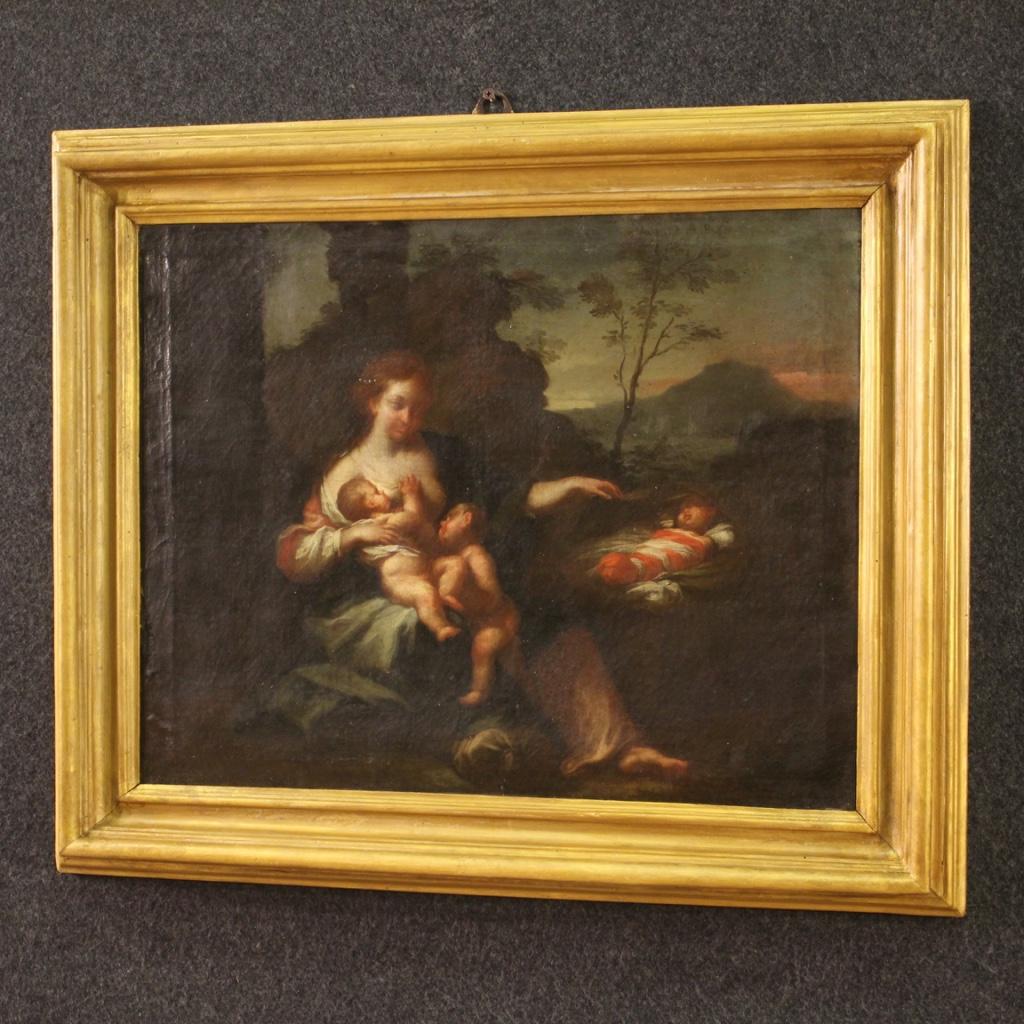 18th Century Oil on Canvas Italian Antique Landscape Painting Maternity Allegory For Sale 4