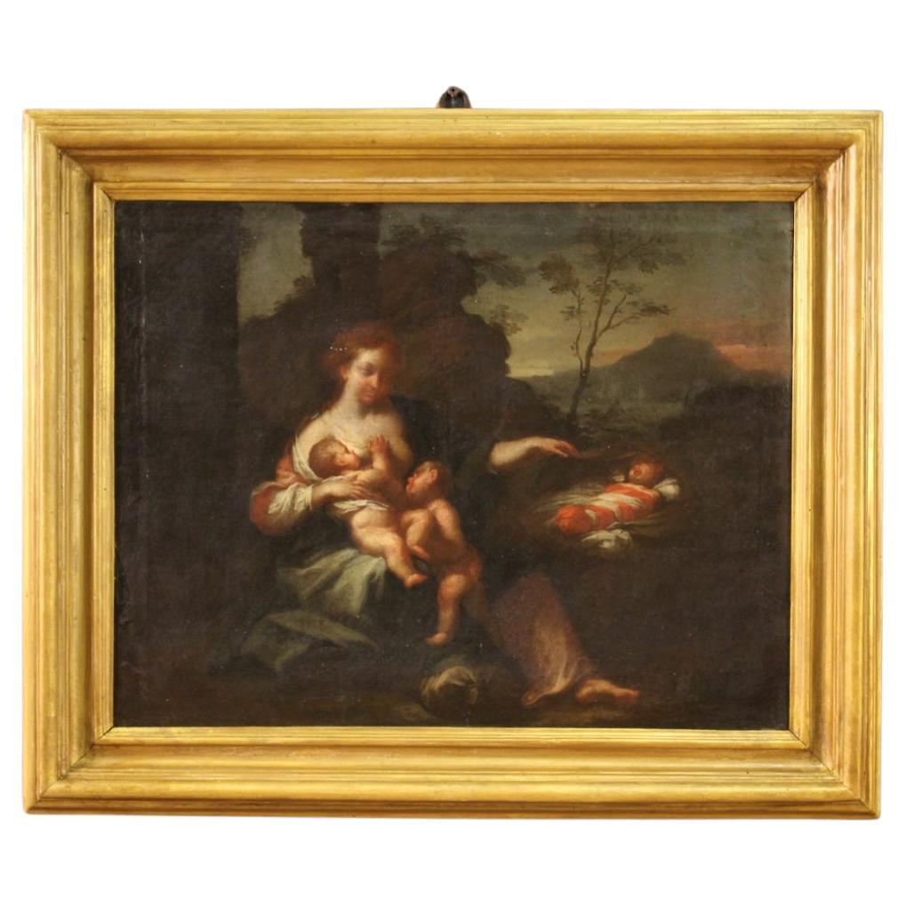 18th Century Oil on Canvas Italian Antique Landscape Painting Maternity Allegory For Sale