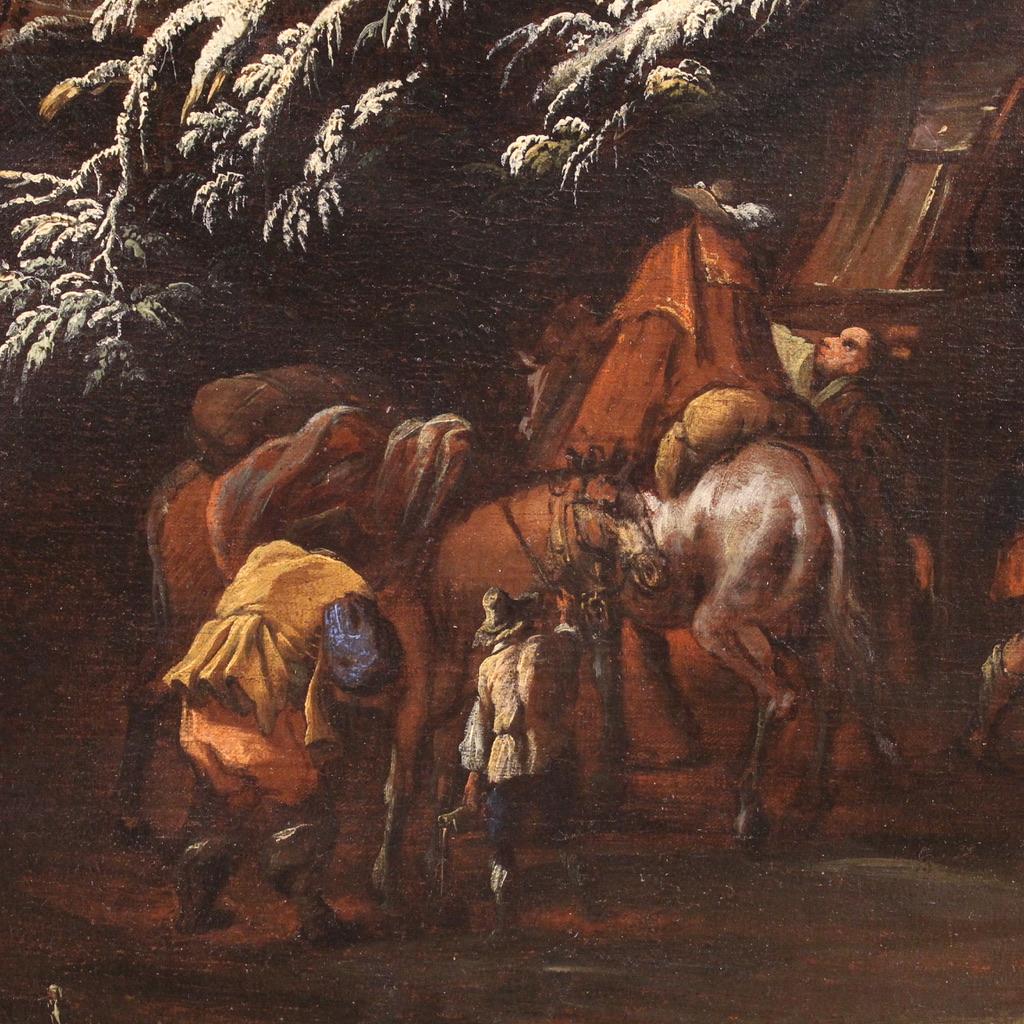 18th Century Oil on Canvas Italian Antique Landscape Painting Genre Scene, 1720 For Sale 6