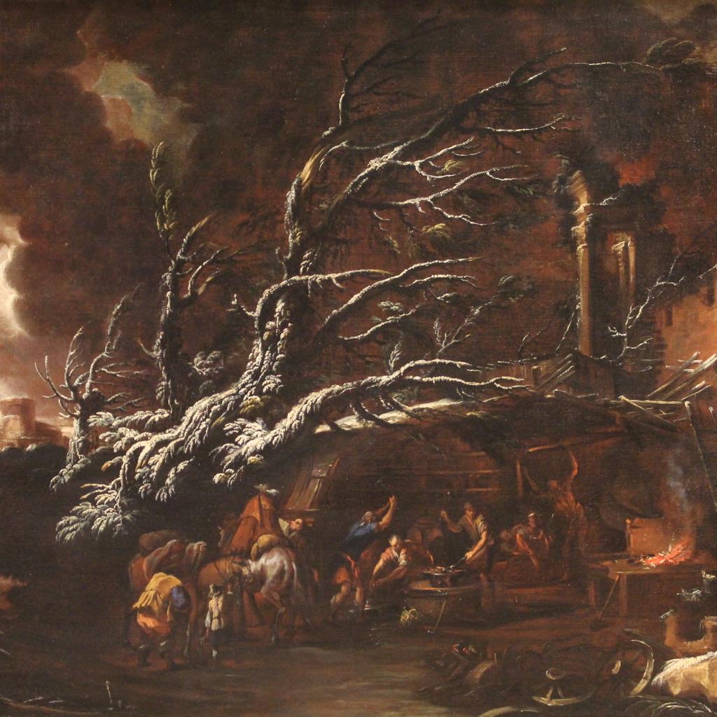 Antikes italienisches Gemälde aus der ersten Hälfte des 18. Jahrhunderts. Ölgemälde auf Leinwand, das eine herrliche Genreszene, eine verschneite Landschaft mit Schmiede, von ausgezeichneter malerischer Qualität darstellt. Unter Genremalerei