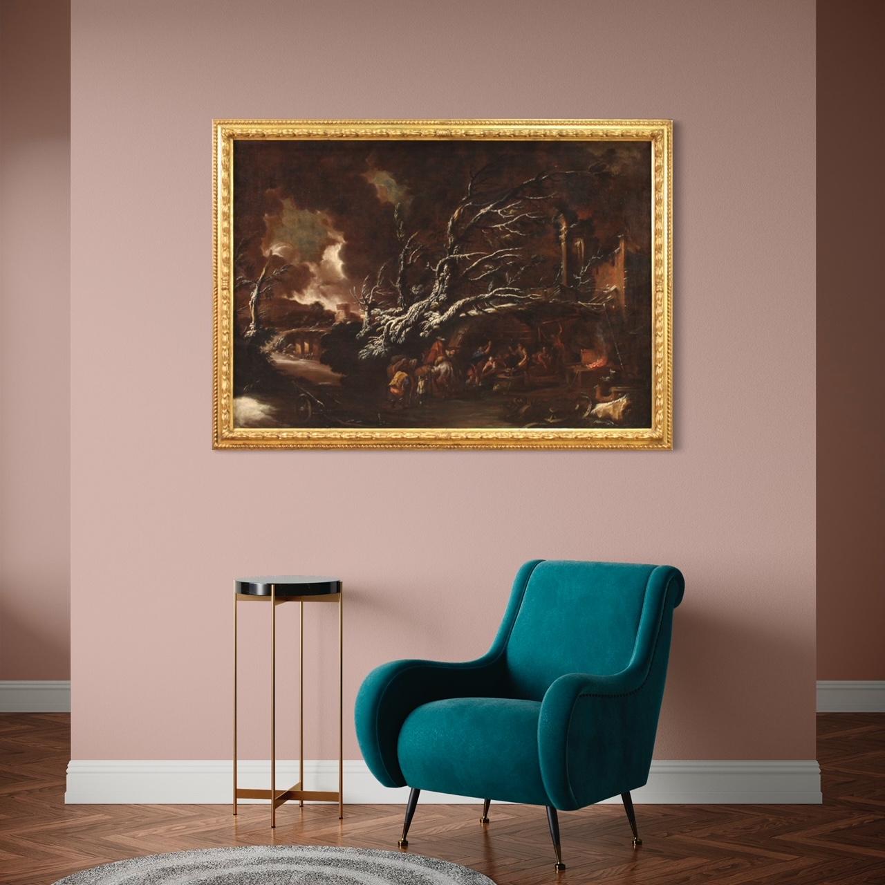 18. Jahrhundert Öl auf Leinwand Italienisch Antike Landschaft Gemälde Genre-Szene, 1720 im Zustand „Gut“ im Angebot in Vicoforte, Piedmont