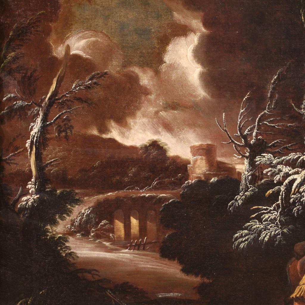 18th Century Oil on Canvas Italian Antique Landscape Painting Genre Scene, 1720 For Sale 5