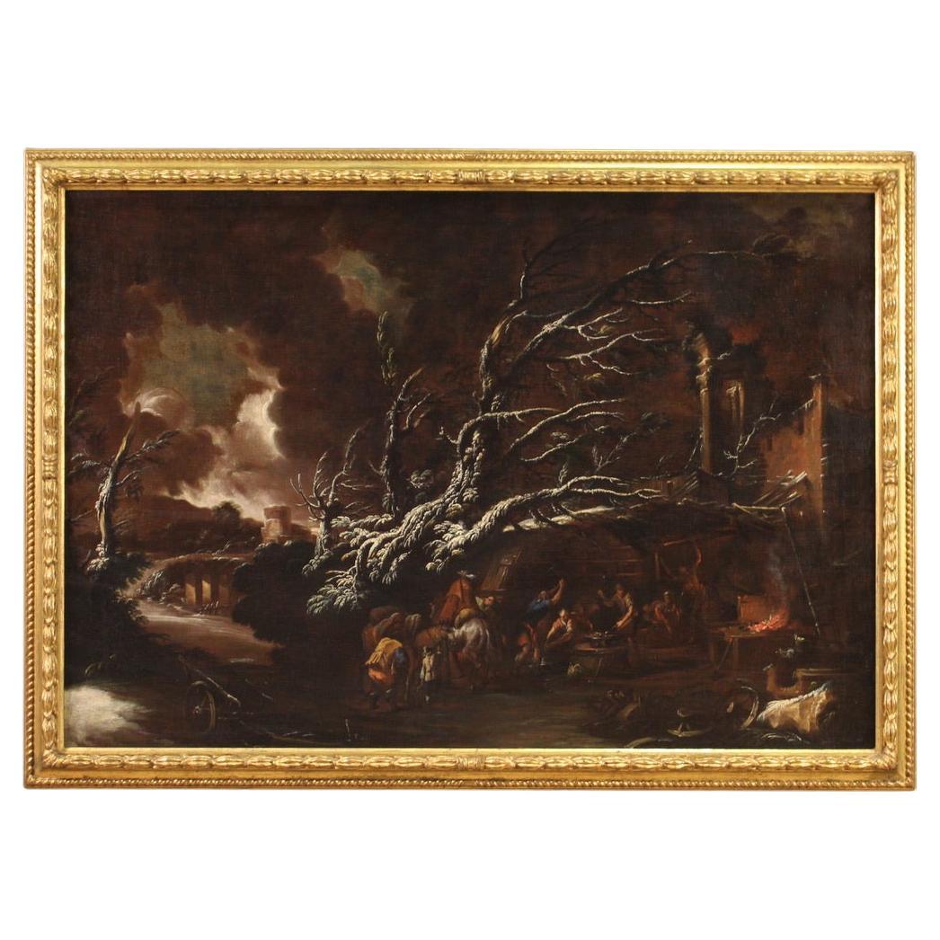 18th Century Oil on Canvas Italian Antique Landscape Painting Genre Scene, 1720 For Sale