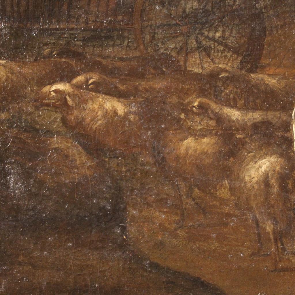 18th Century Oil on Canvas Italian Antique Landscape Painting Pastoral Scene For Sale 6