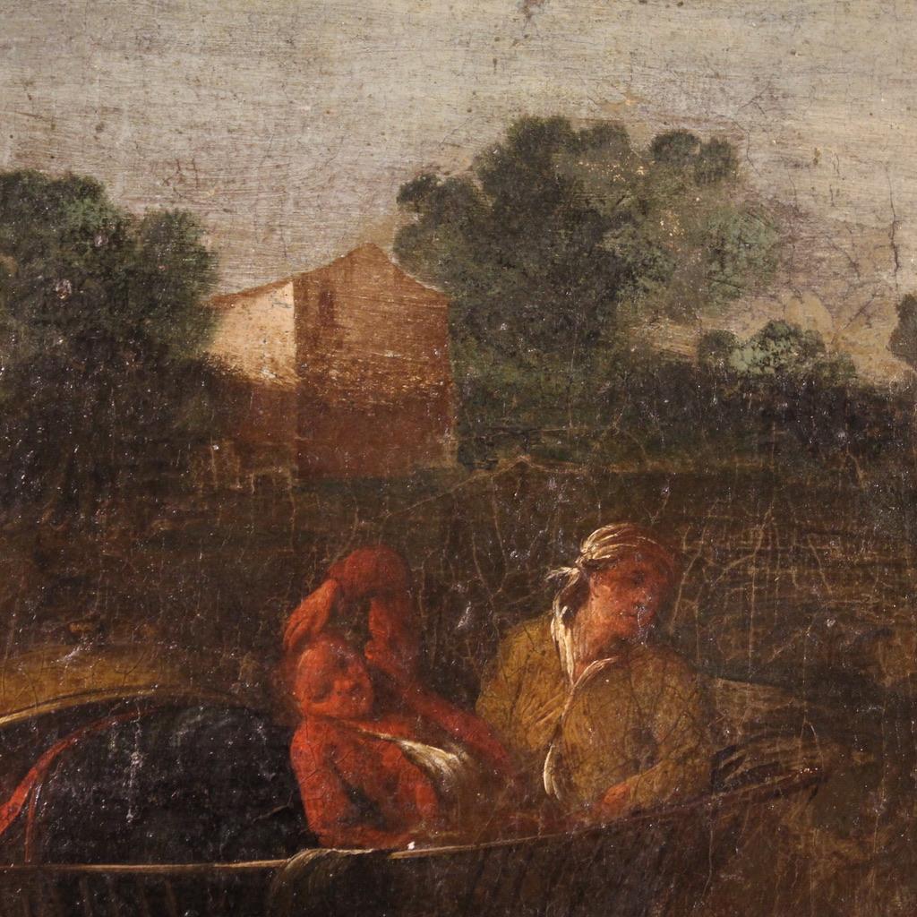 18th Century Oil on Canvas Italian Antique Landscape Painting Pastoral Scene For Sale 7