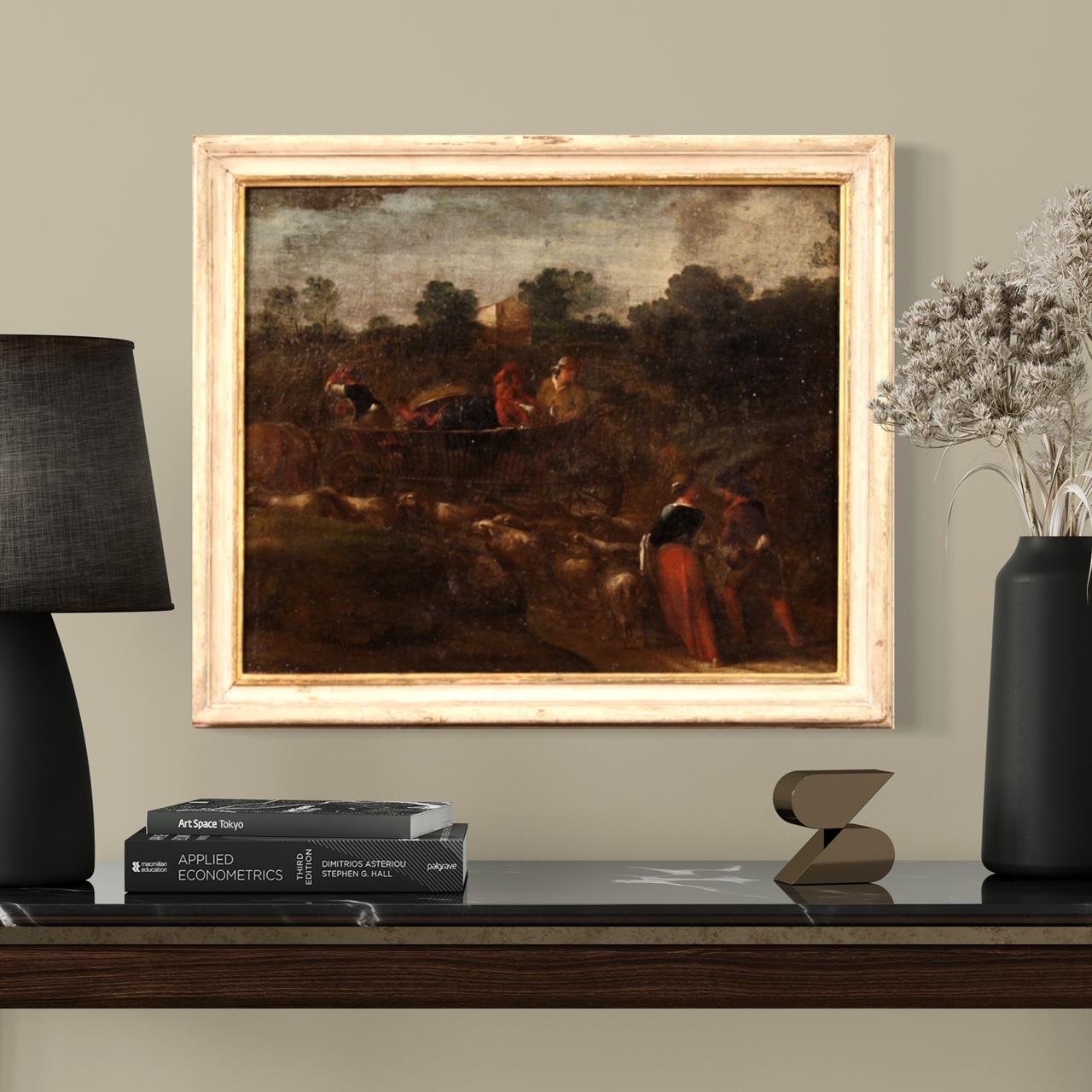 18th Century Oil on Canvas Italian Antique Landscape Painting Pastoral Scene For Sale 9