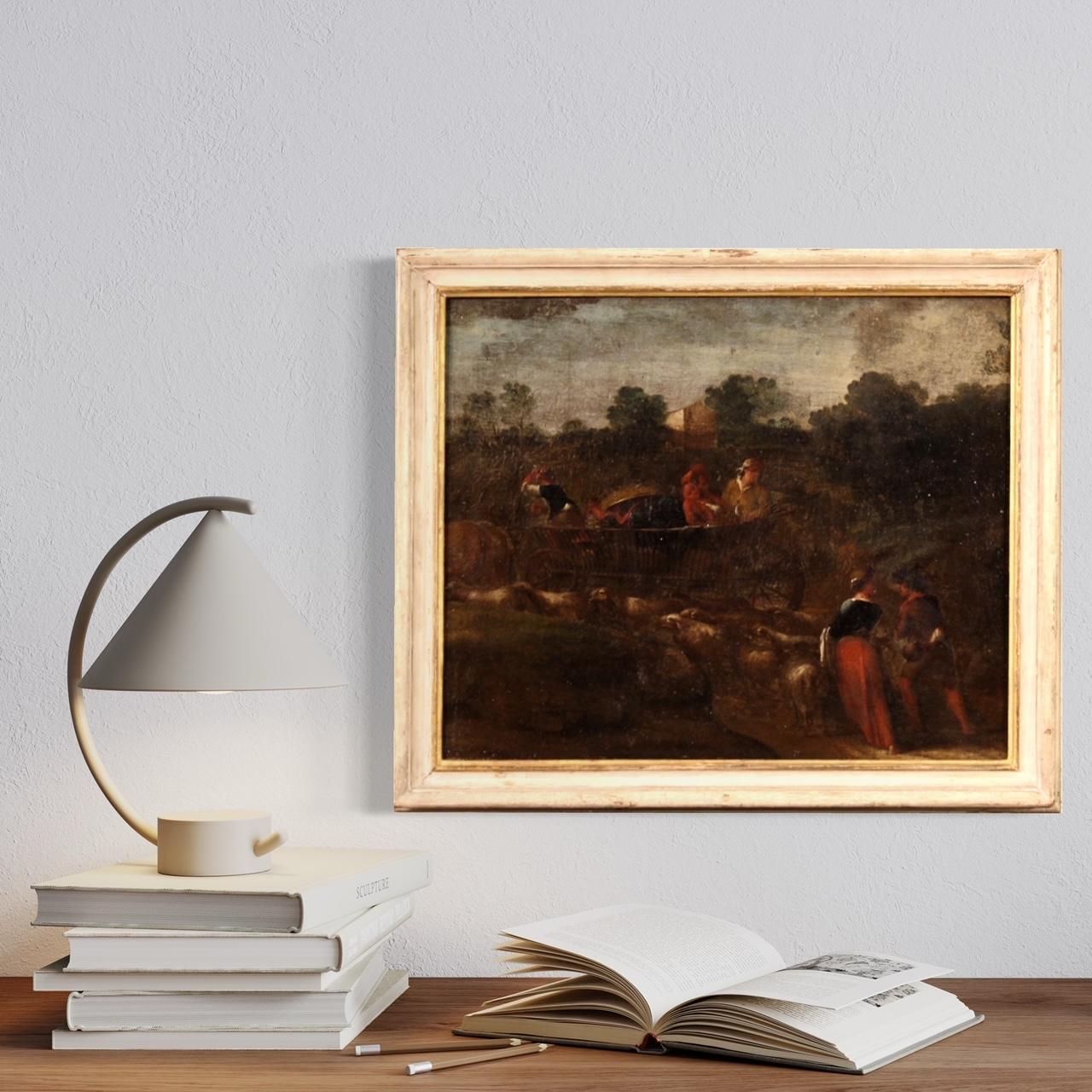 18th Century Oil on Canvas Italian Antique Landscape Painting Pastoral Scene For Sale 10