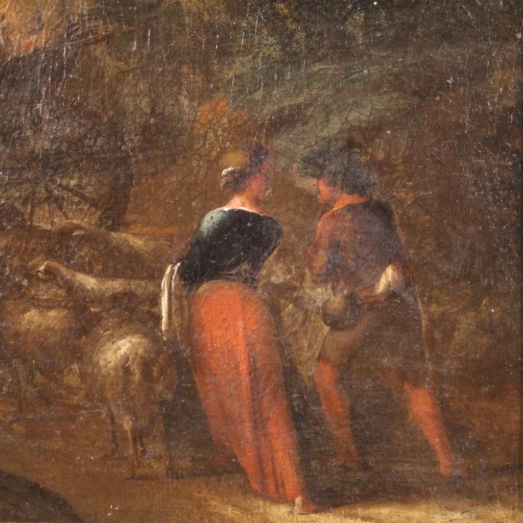 18th Century Oil on Canvas Italian Antique Landscape Painting Pastoral Scene For Sale 1