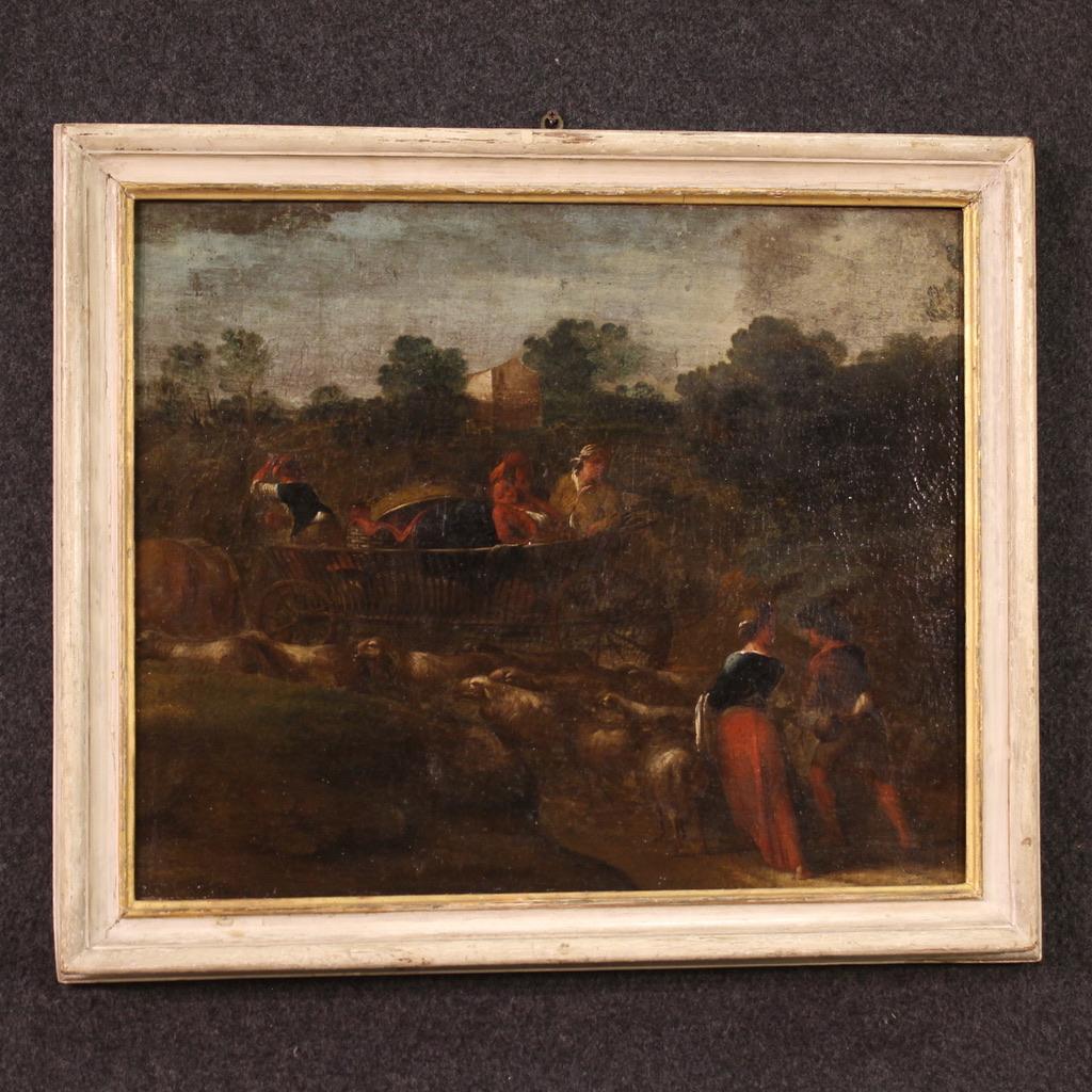 18th Century Oil on Canvas Italian Antique Landscape Painting Pastoral Scene For Sale 2