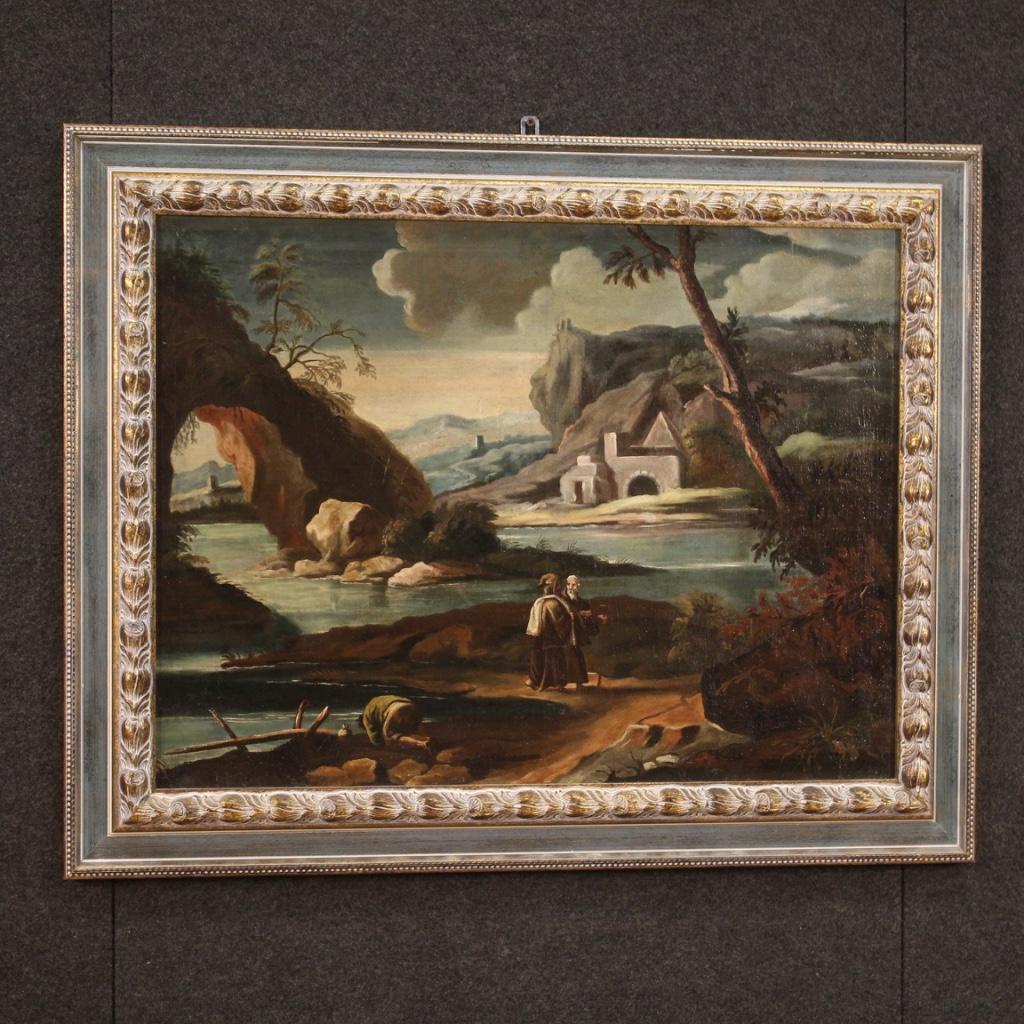18th Century Oil on Canvas Italian Antique Landscape with Characters Painting For Sale 5