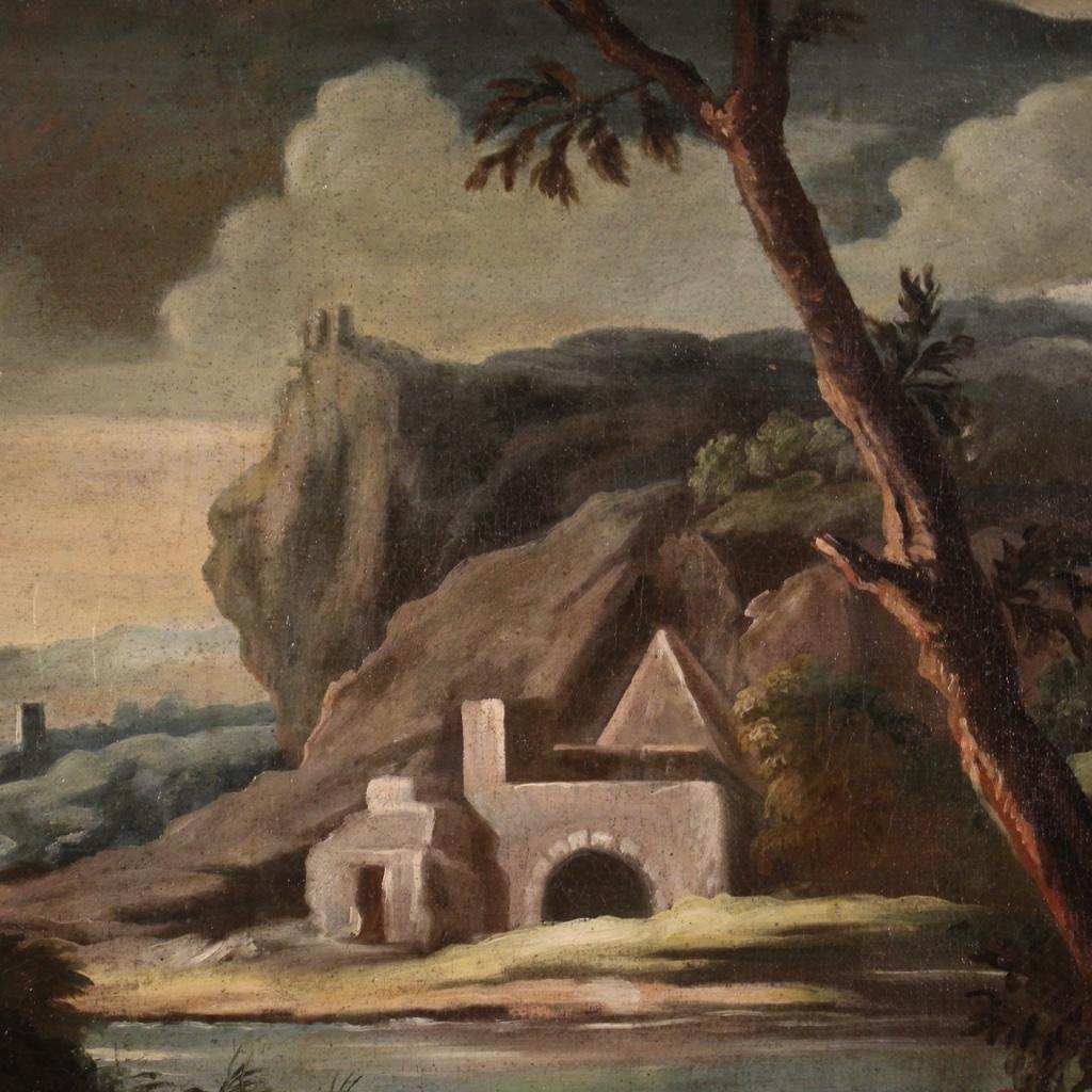 18th Century Oil on Canvas Italian Antique Landscape with Characters Painting In Fair Condition For Sale In Vicoforte, Piedmont