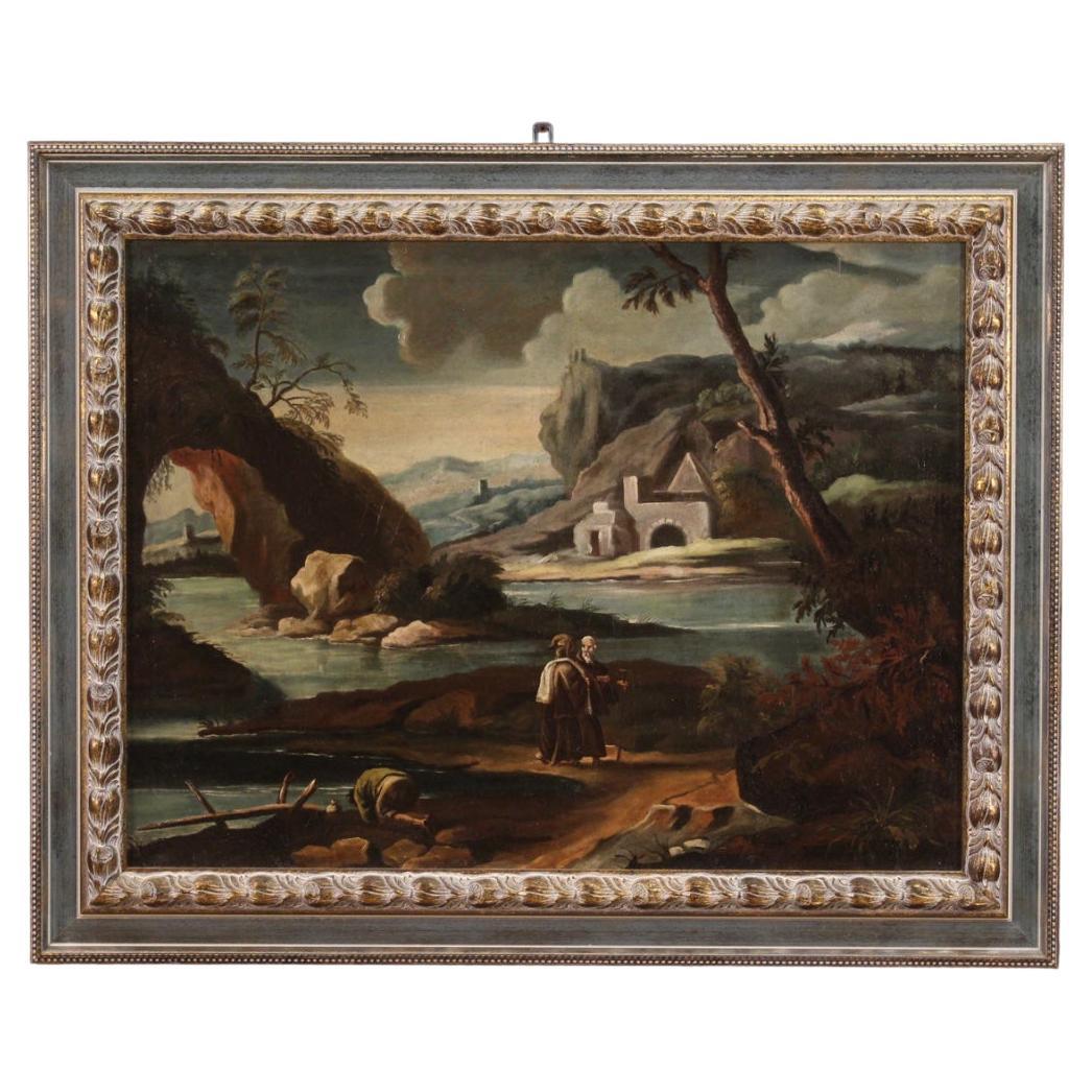 18th Century Oil on Canvas Italian Antique Landscape with Characters Painting For Sale