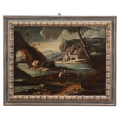 Huile sur toile italienne du 18ème siècle - Paysage ancien avec personnages