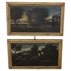 18th Century Oil on Canvas Italian Antique Oil Paintings Landscapes, Set of 2