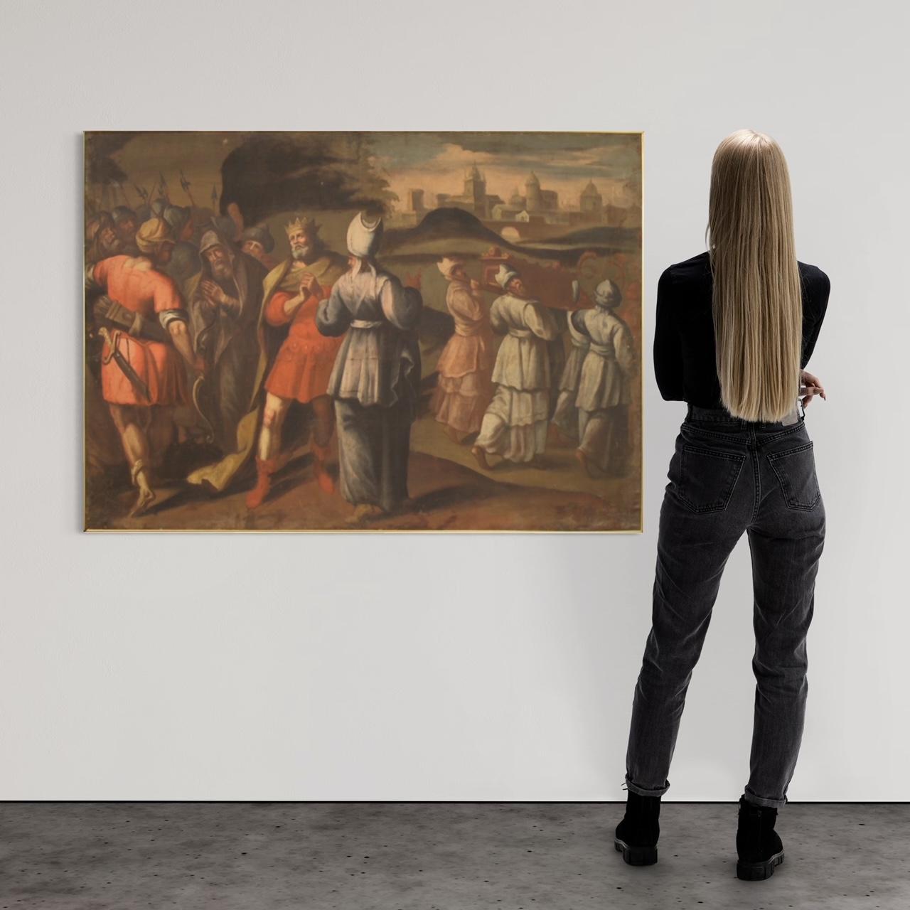 Pintura italiana antigua de la primera mitad del siglo XVIII. Óleo sobre bastidor, primer lienzo, que representa un tema histórico/bíblico, el rey David lleva el arca de la alianza a Jerusalén. Pintura de gran tamaño e impacto, para anticuarios,
