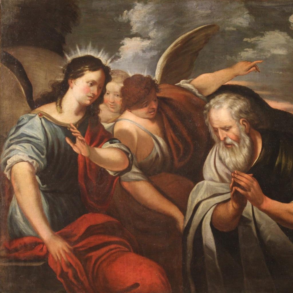 Antique Italian painting from the 18th century. Artwork oil on canvas depicting the biblical subject Abraham and the angels of good pictorial quality. Painting depicting the meeting between Abraham and three wayfarers, later revealed to be angels,