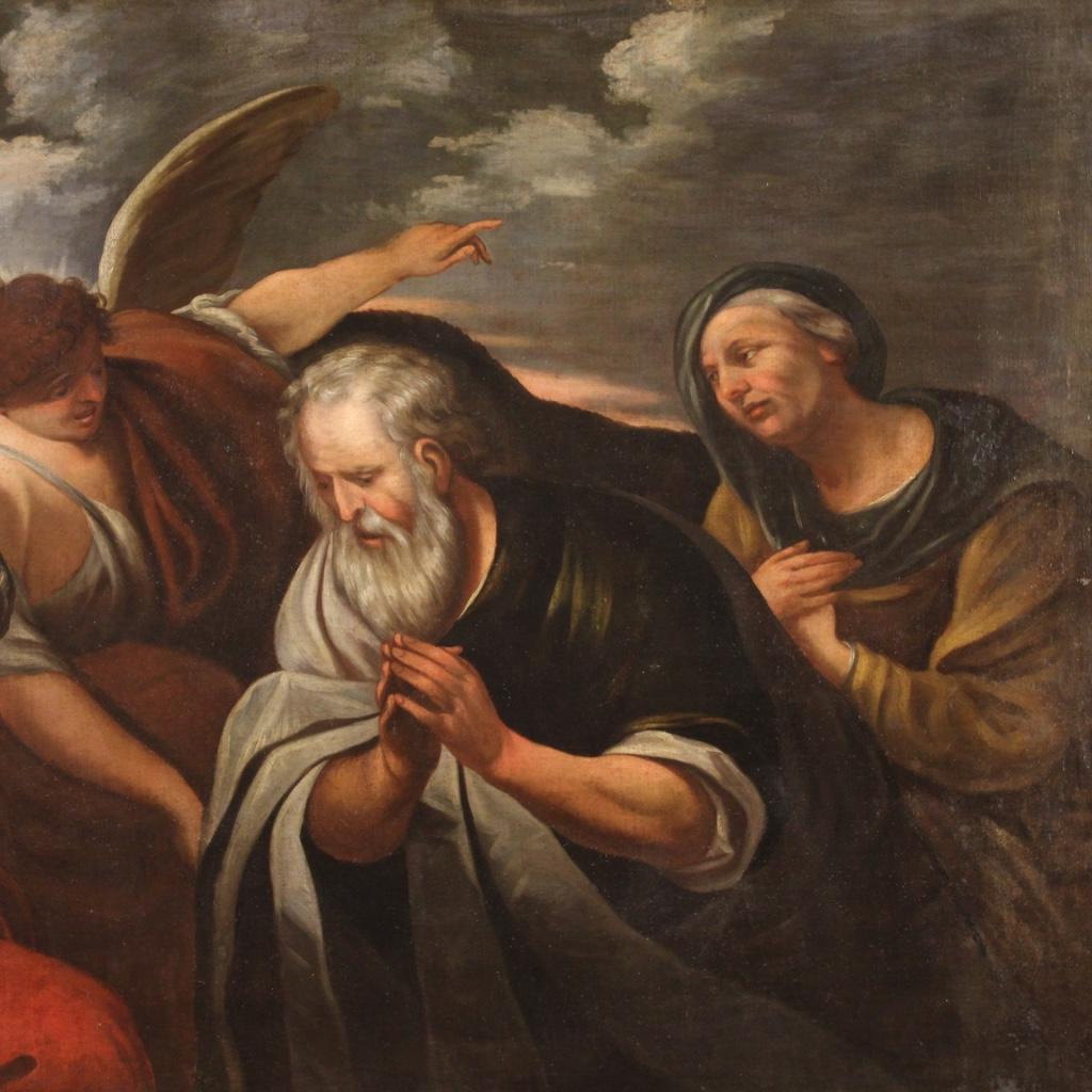 18th Century Oil on Canvas Italian Antique Painting Abraham and the Angels, 1740 In Good Condition In Vicoforte, Piedmont
