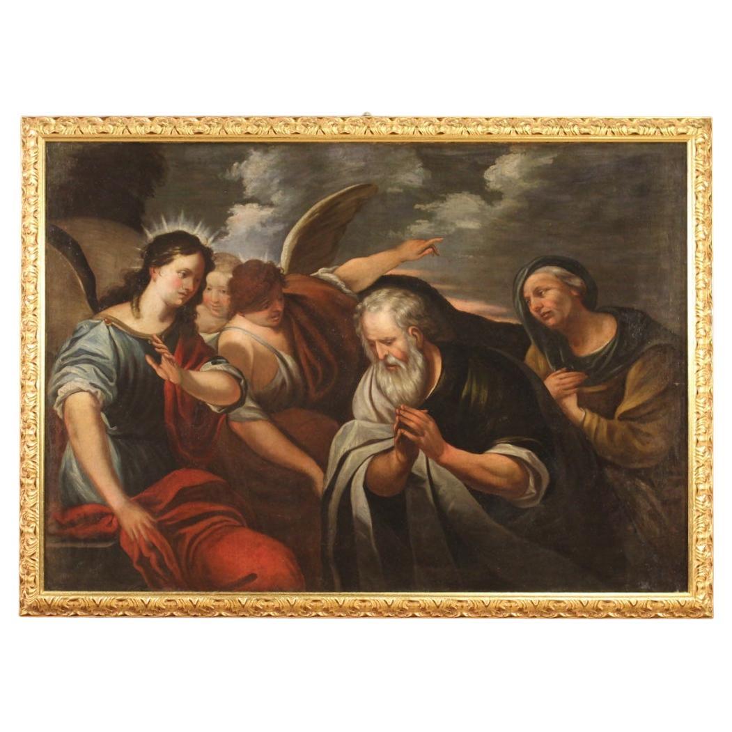 18th Century Oil on Canvas Italian Antique Painting Abraham and the Angels, 1740