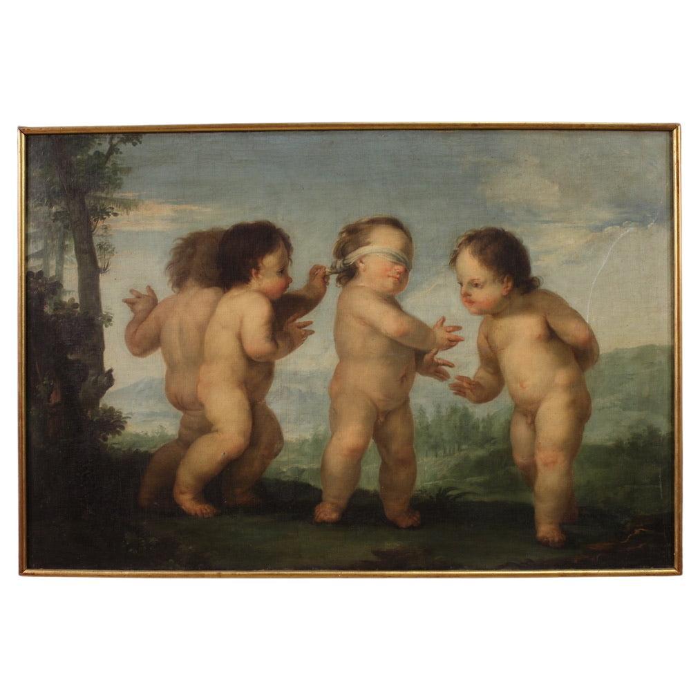 18th Century Oil on Canvas Italian Antique Painting Cherubs Game, 1760