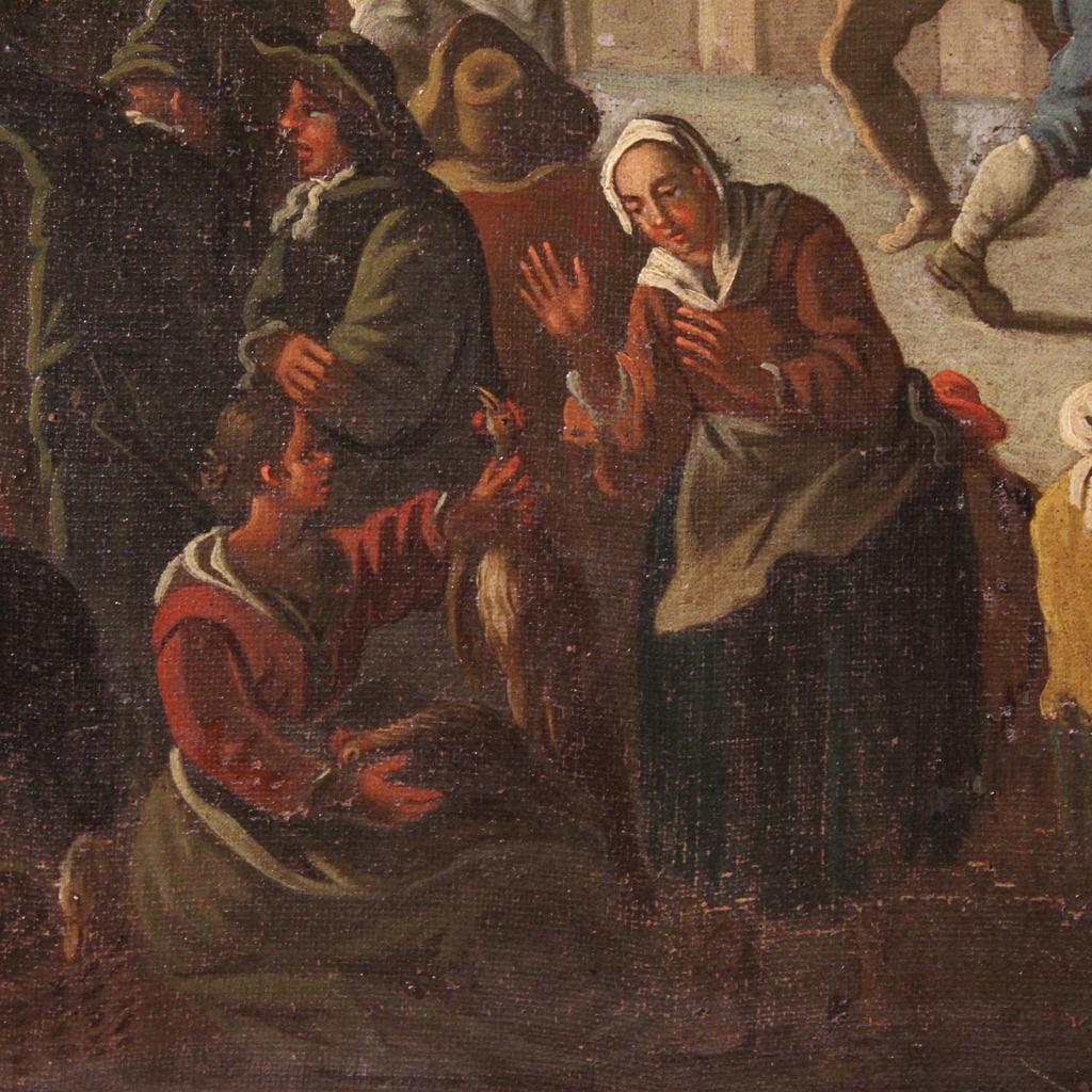 18th Century Oil on Canvas Italian Antique Painting Genre Scene, 1750 For Sale 5