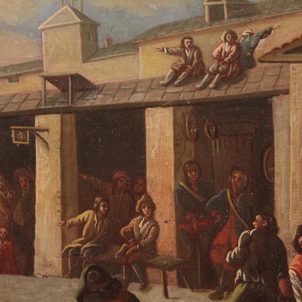18th Century Oil on Canvas Italian Antique Painting Genre Scene, 1750 For Sale 9