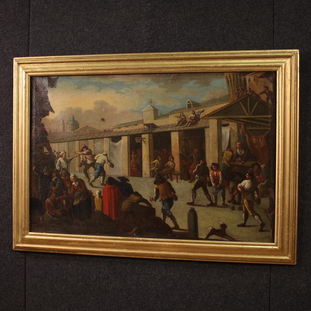 18th Century Oil on Canvas Italian Antique Painting Genre Scene, 1750 For Sale 10