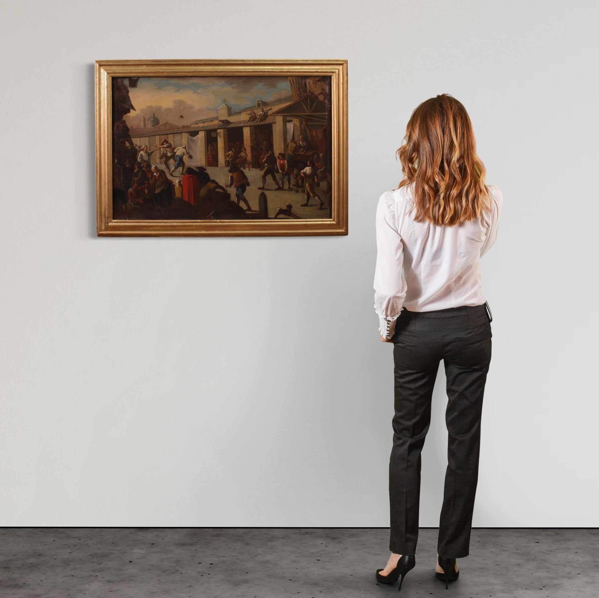 A splendid Italian painting from the mid-18th century. Oil on canvas, first canvas, painting depicting a lively square where an antique ball game, a precursor to ball with bracelet, or elastic ball, is being played. This marvelous genre scene is set