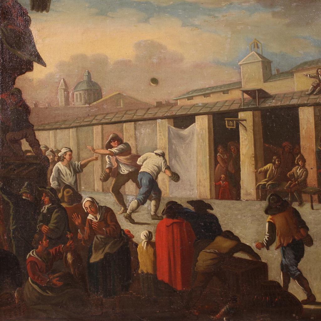 Oiled 18th Century Oil on Canvas Italian Antique Painting Genre Scene, 1750 For Sale