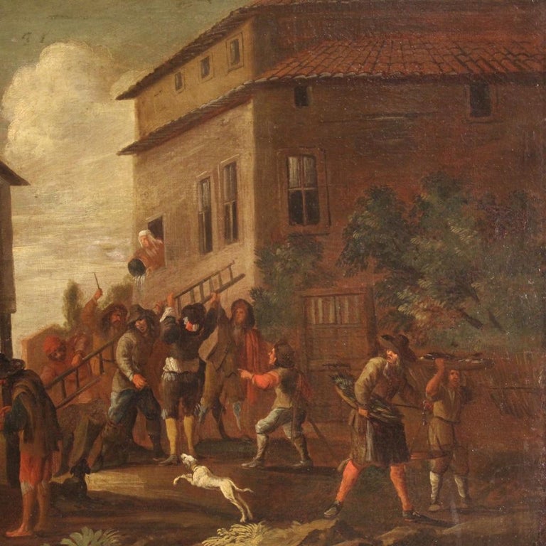 18th Century Oil on Canvas Italian Antique Painting Genre Scene, 1750 For Sale 5