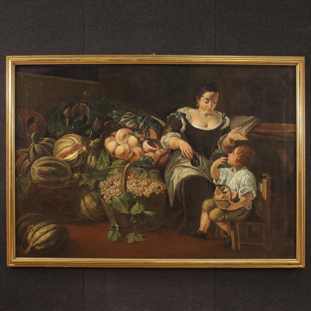 Antique Italian painting from the 18th century. Artwork oil on canvas depicting a genre scene with greengrocer and still life of good pictorial quality. Painting of exceptional size and impact adorned with a modern carved and gilded frame of