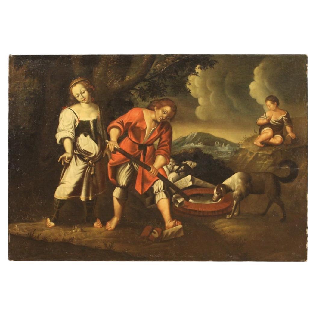 18th Century Oil on Canvas Italian Antique Painting Landscape with Figures, 1750