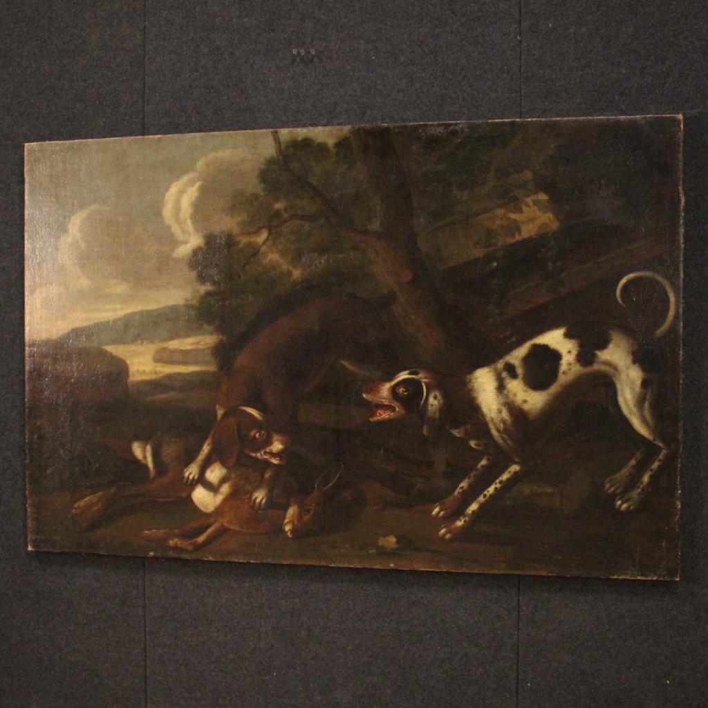 18th Century Oil on Canvas Italian Antique Painting Landscape with Hunting Scene 7